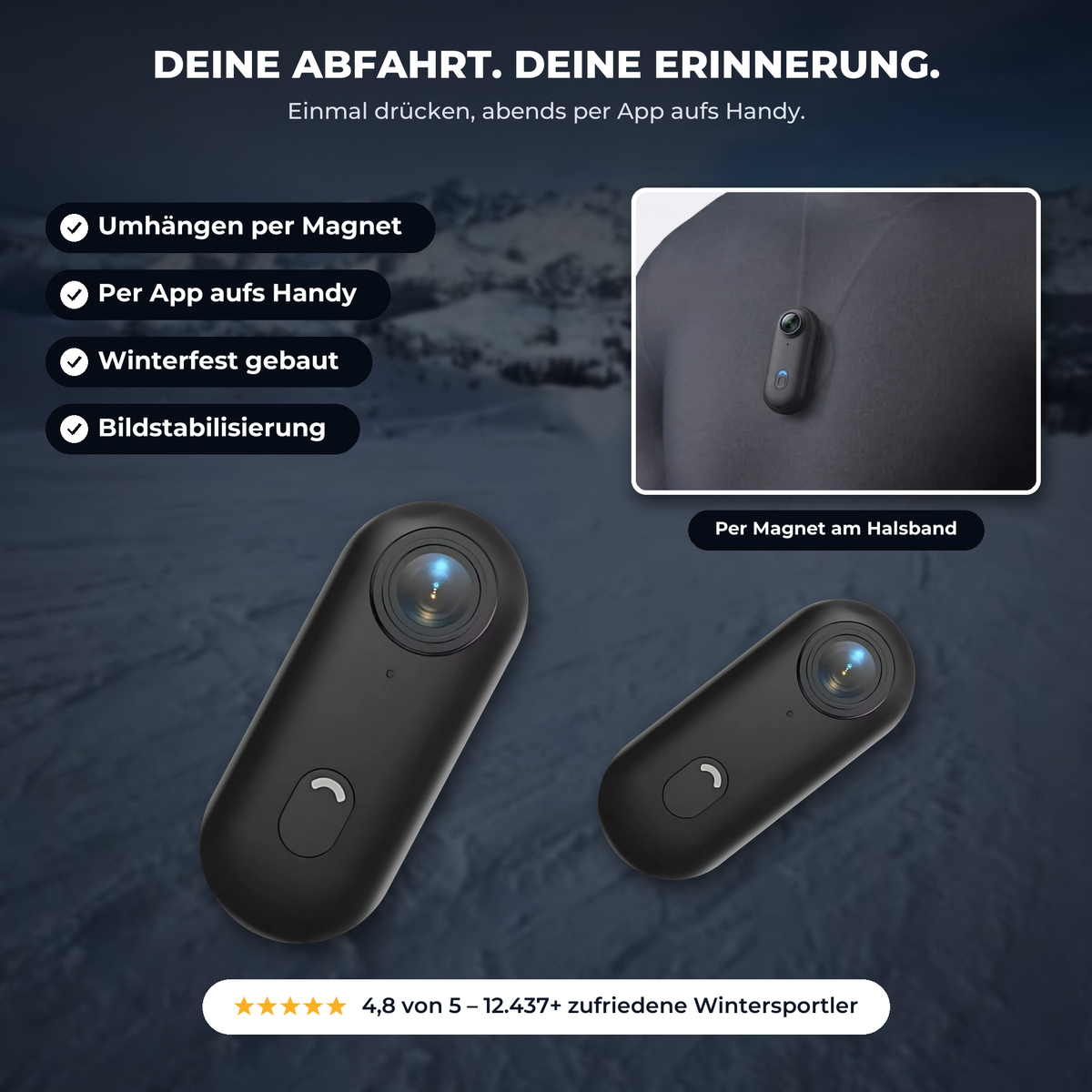 Povino POV Vision – per Magnet am Halsband, per App aufs Handy, winterfest, Bildstabilisierung